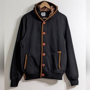 Men's Black & Brown FleeceHoodie Button Up Jacket Hooded Sweatshirt, Size Small